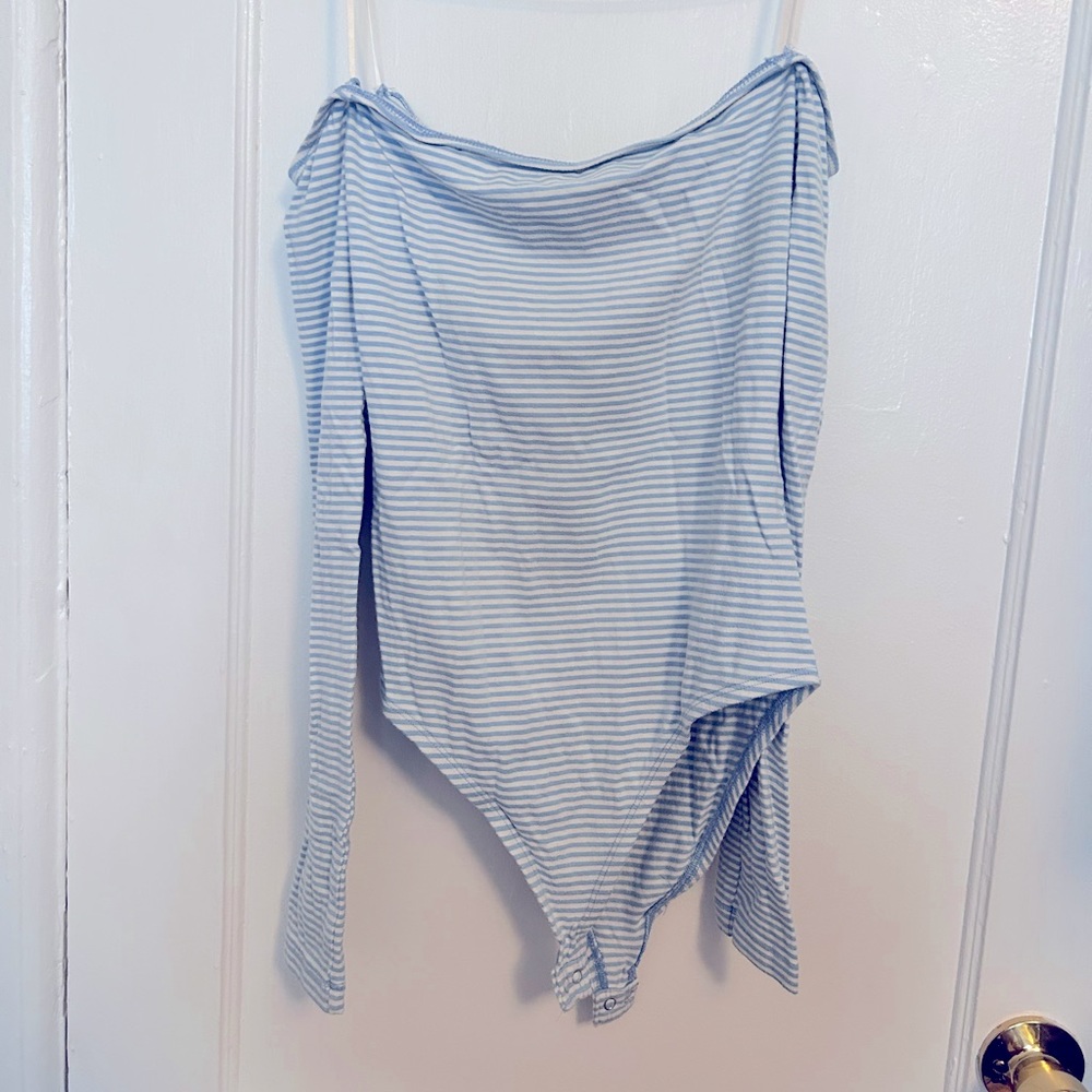 Blue and white striped off the shoulder bodysuit size medium.